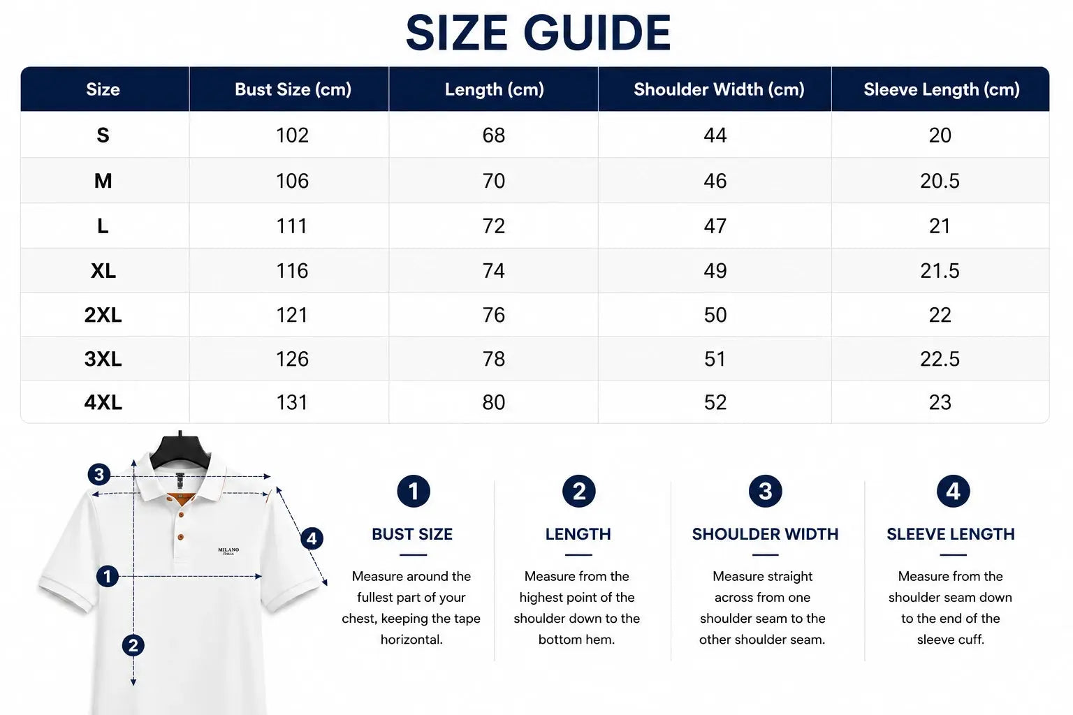 Milano Polo Shirt size guide